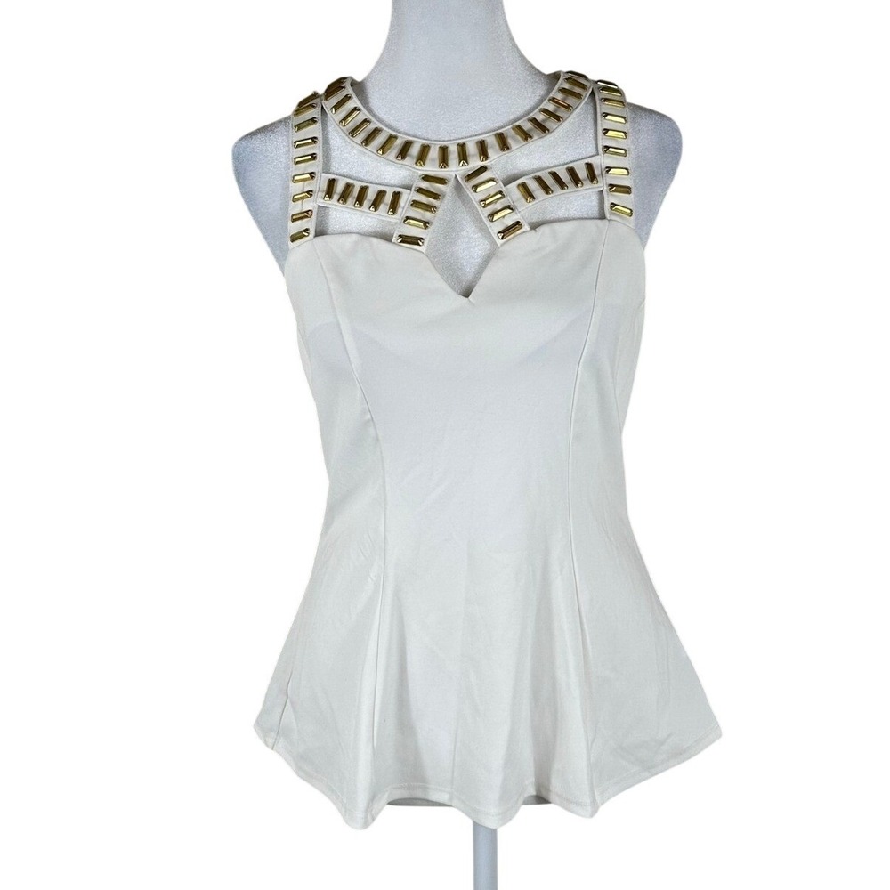 Lulumari‎ Peplum Top Womens S White Gold Studded Cage Neck Zip Back Clubwear